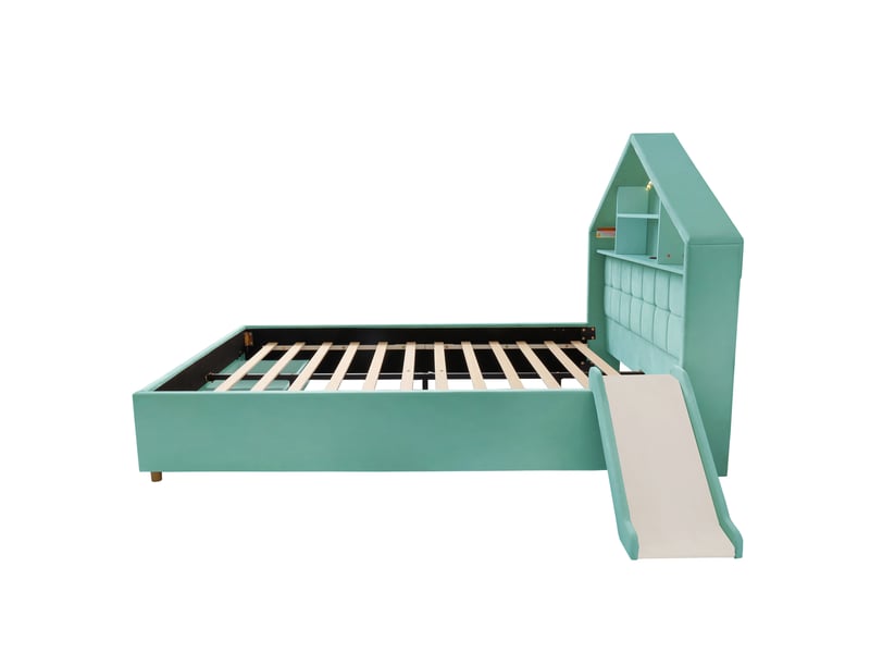  Lit enfant,140x200 cm,avec toboggan, led et rangement,velours,bleu-vert  - Conforama E