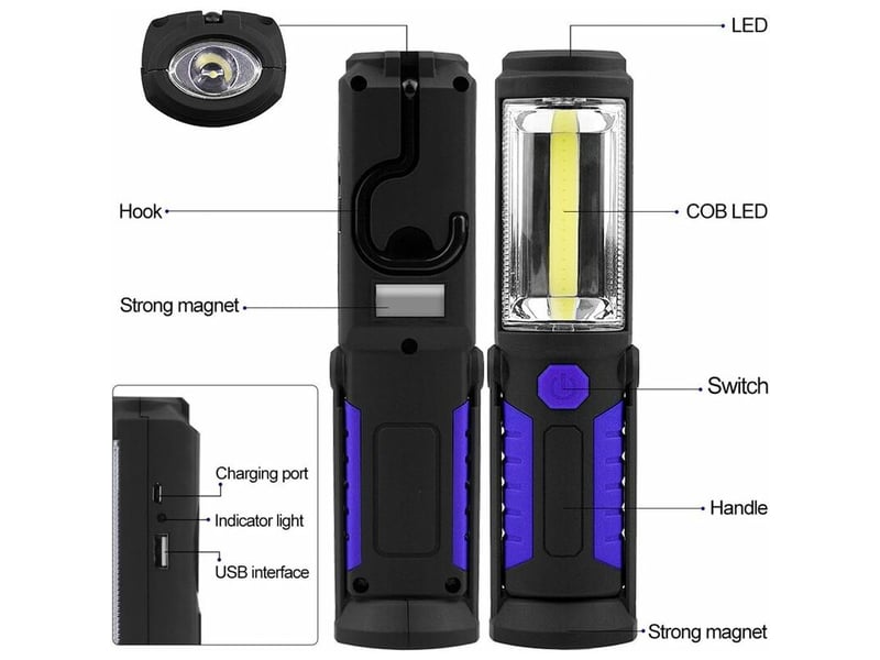  Lampe torche led rechargeable mains-libres[nouvelle version 2022] 3w baladeuse à led cob 2 en 1 lampe de poche pour  - Conforama B