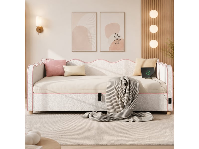  Lit de jour 90x200 cm avec rangement hydraulique, lit rembourré, canapé-lit avec port usb et dossier, bouclé, beige  - Conforama B