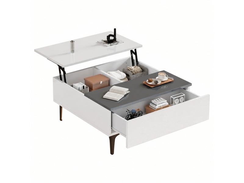 Table basse relevable avec rangement caché, led rvb, tiroir, 70 x 70 cm, blanc et gris - Conforama A