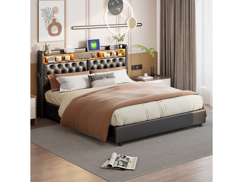  Lit double coffre - 180 x 200 cm - noir - similicuir pu, tête de lit de rangement, éclairage led, prises et vérins hydrauliques  - Conforama C