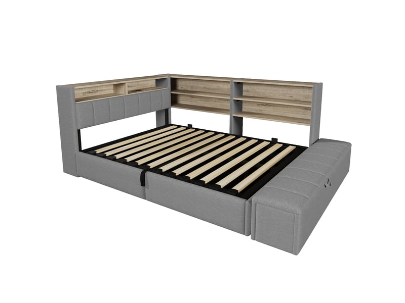  Canapé-lit 140 x 200 cm, suspension hydraulique, banquette-lit, prise électrique, caisson latéral réversible (à gauche ou à droite) avec port usb et éclairage led, sans matelas, velours gris.  - Conforama A