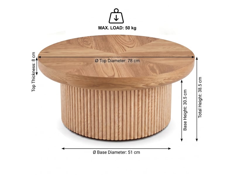  Table basse ronde 78 cm plateau parquet en bois base rainurée bois naturel  - Conforama C