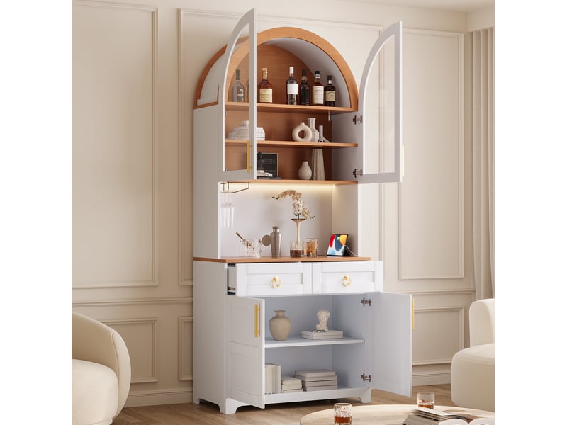  Buffet haut 80x40x180 cm avec led et prises usb,4 portes et 2 tiroirs coloris blanc  - Conforama E