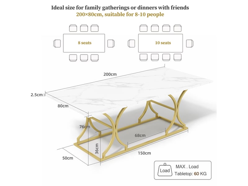Table de salle à manger 200 x 80 cm blanche et dorée en mdf, avec pieds métalliques réglables, 8 à 10 personnes - Conforama C