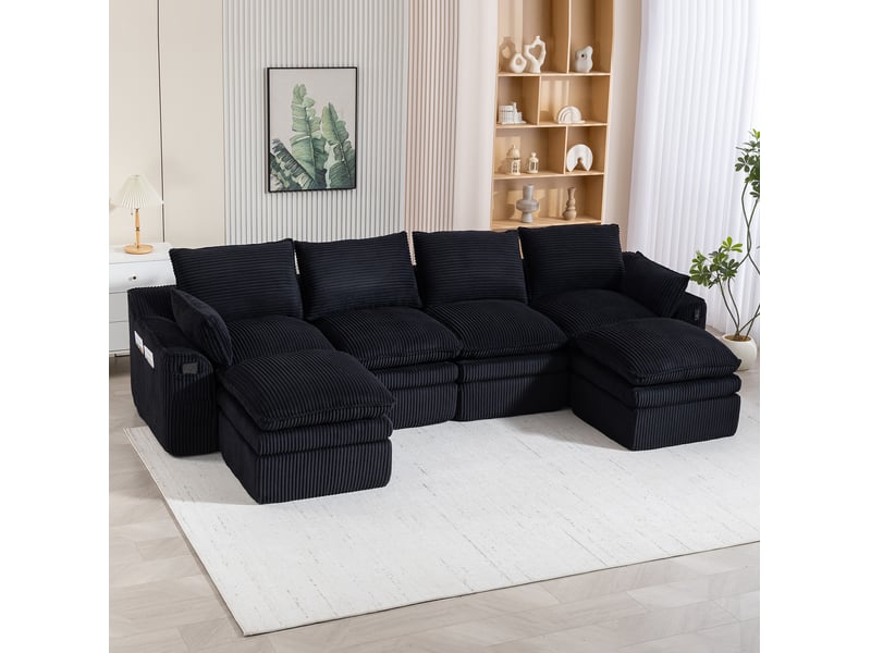  Canapé modulaire 4 places en velours côtelé noir avec 2 poufs et coussins  - Conforama D