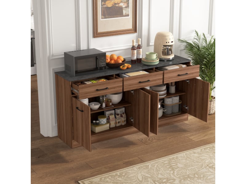  Buffet de cuisine avec îlot 160 cm – plan béton, fini noyer, 3 tiroirs et étagères réglables – meuble cuisine tendance 76,5x160x37 cm  - Conforama B