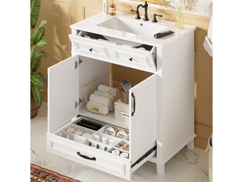  Meuble salle de bain sur pied 77 cm vasque en céramique intégrée meuble vasque blanc  - Conforama D