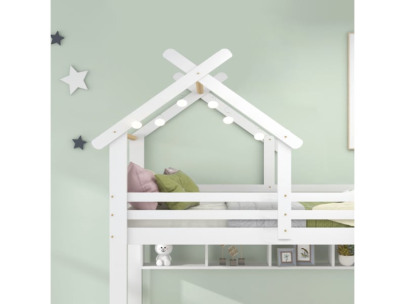  Lit superposé enfant 90x200 cm blanc en pin, avec tiroirs, étagères, échelle et garde-corps  - Conforama D