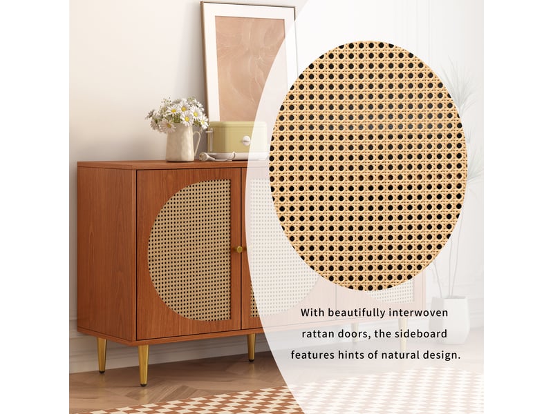  Buffet 3 portes rotin 129.8x40x76 cm meuble de rangement moderne noyer panneaux particules  - Conforama D