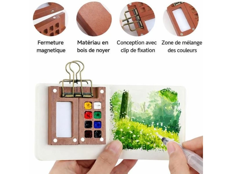 Trousse de peinture aquarelle gouache de voyage 8 couleurs palette noyer avec carnet 300 gm² 404400_AACMW44745_6_DROPFR - Conforama C