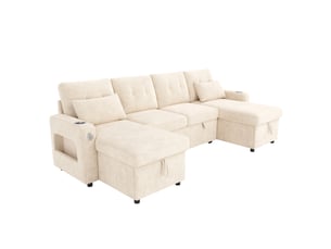 Canapé d'angle panoramique convertible <strong>MODENUIT </strong> <strong></strong> 4 places Tissu beige avec coffre de rangement