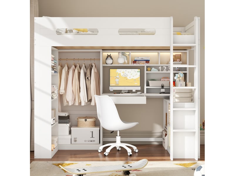  Lit mezzanine modenvie 90 x 200 cm avec bureau, armoire ouverte, 1 tiroir, étagères, led et port usb, bois et mdf blanc  - Conforama E