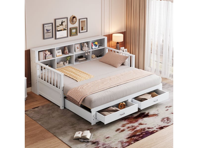  Canapé-lit bois massif 90180x190 cm, structure multifonction lit gigogne, rangement intégré, ports usb latéraux  - Conforama A