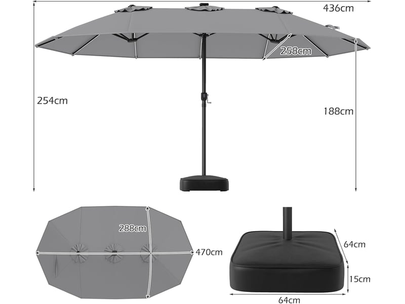 Parasol double à 12 baleines (gris, 4,36 x 2,58 m, avec pied et led) | parasol rectangulaire avec manivelle, 144 led solaires, 12 modes - Conforama B