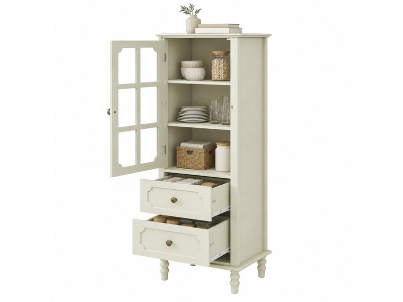  Buffet haut 50x40x133cm en mdf, bois et verre de sécurité avec porte vitrée et 2 tiroirs blanc crème chicfurn  - Conforama A