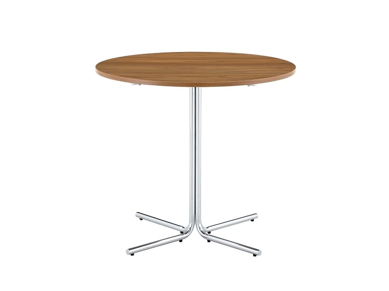  Table plateau rond style moderne plateau mdf noyer piètement métal chromé à 3 pieds structure stable design minimaliste  - Conforama A