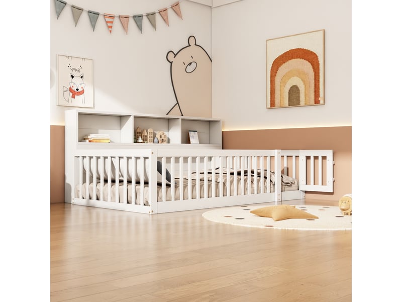  Lit banquette simple 90×200 cm avec barrières et étagères  - sans matelas, pin et mdf - blanc  - Conforama C
