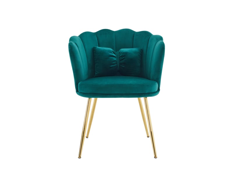  Fauteuil 58x63x77 cm, confortable, coussins papillon et dossier à pétales, pieds métalliques dorés, en tissu velours vert  - Conforama A