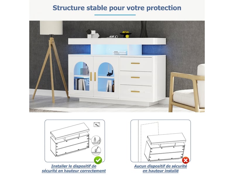  Buffet blanc brillant avec led 120 cm - meuble de rangement cuisine 3 tiroirs et portes acrylique  - Conforama R