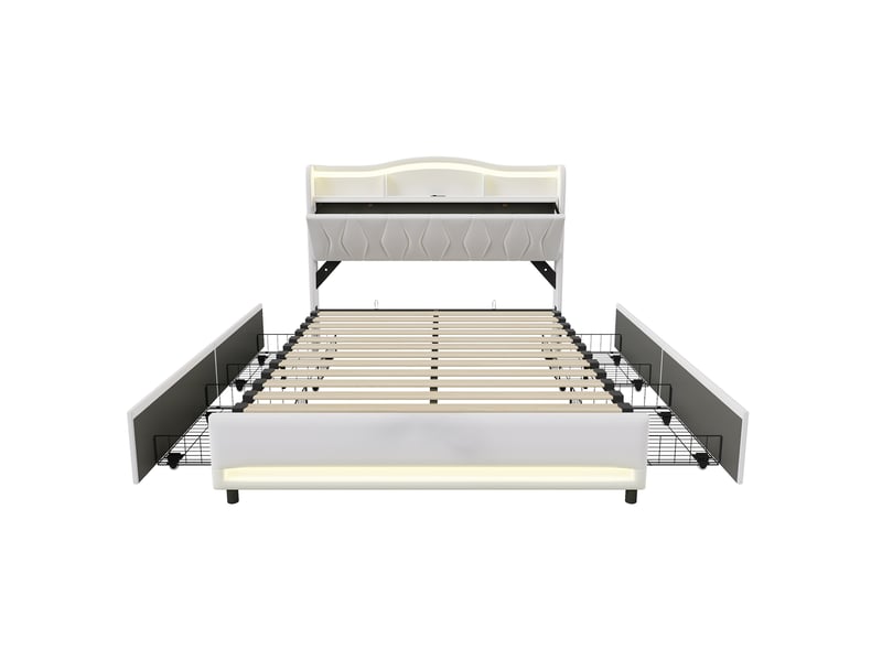  Cadre de lit 160×200 cm velours beige à 4 tiroirs de rangement, tête de lit multifonction étagères + compartiment caché, éclairage rgb tête + pied de lit, ports usb‑c, sommier à lattes inclus  - Conforama W
