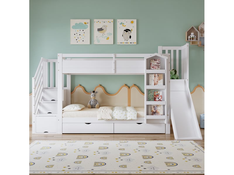  Lit mezzanine enfant 90x200 cm, toboggan, escalier de rangement, bibliothèque et 2 tiroirs, mdf, blanc, sans matelas  - Conforama E
