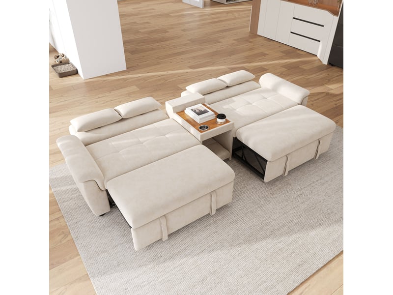  Canapé 4 places 284x138x89 cm extensible avec table centrale beige  - Conforama D
