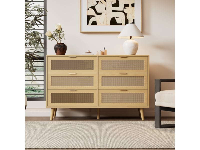  Commode à 6 tiroirs, 120 × 76,5 × 40 cm, avec poignées en métal, meuble de rangement pour chambre, couleur chêne  - Conforama D