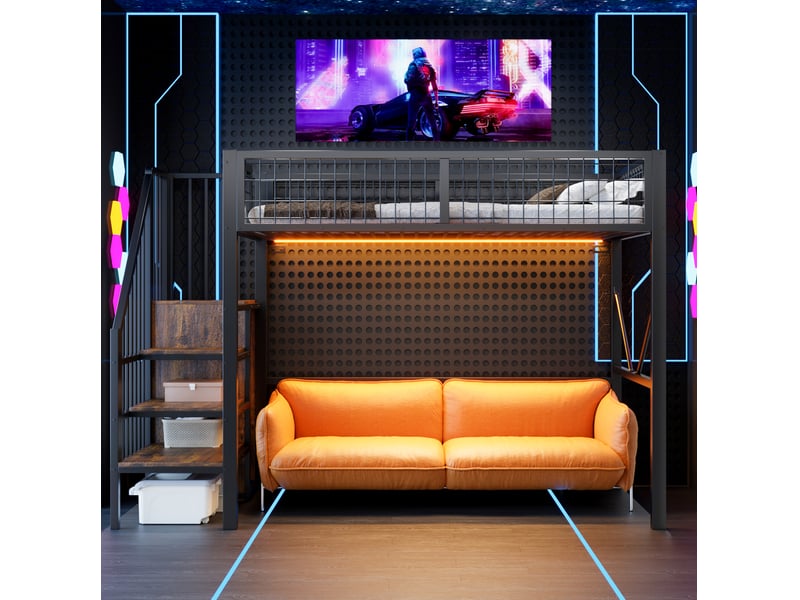  Lit mezzanine 90x200 cm noir en métal avec escalier de rangement et led  - Conforama D