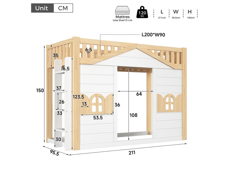  Lit mezzanine enfant simple 90×200 cm, fenêtre et échelle réversible - okmyhome- pin et mdf, blanc, sans matelas  - Conforama D