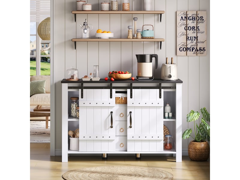 Buffet de cuisine 120 cm blanc rustique, meuble de rangement avec portes coulissantes et 3 tiroirs pour salle à manger - Conforama C