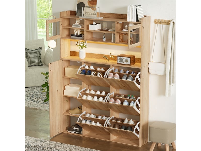  Meuble à chaussures avec led et vitrine – 130 x 25 x 180 cm – 6 abattants modulables et 1 porte verre – mdf - naturel  - Conforama D