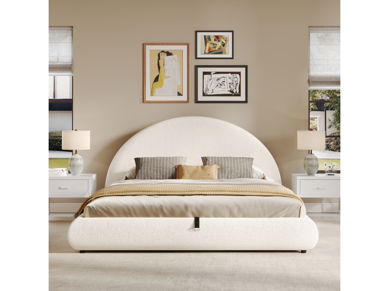 Lit coffre bouclé blanc à tête de lit arrondie 180 x 200 cm Fay Lum - Conforama D
