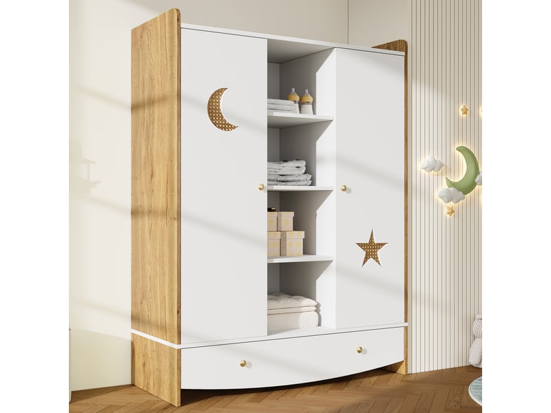 Armoire enfant 120 x 50 cm avec 2 portes, tiroir, 2 penderies et grand rangement, décor rotin, design bicolore moderne pour chambre d’enfant - blanc et effet bois OPULERANE TRADING LTD - Conforama B