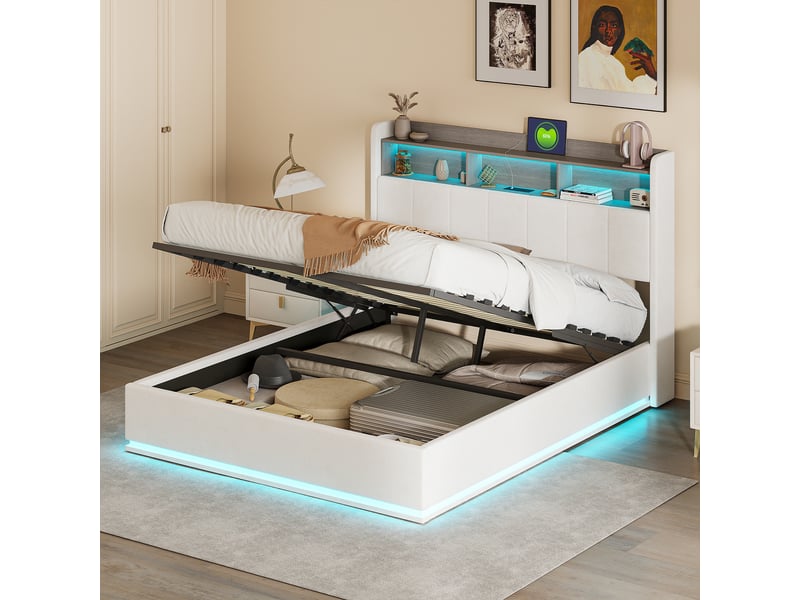 Lit coffre 2 places 140x200 cm, lit adulte avec rangement, 3 compartiments en tête de lit, led, velours beige  - Conforama B