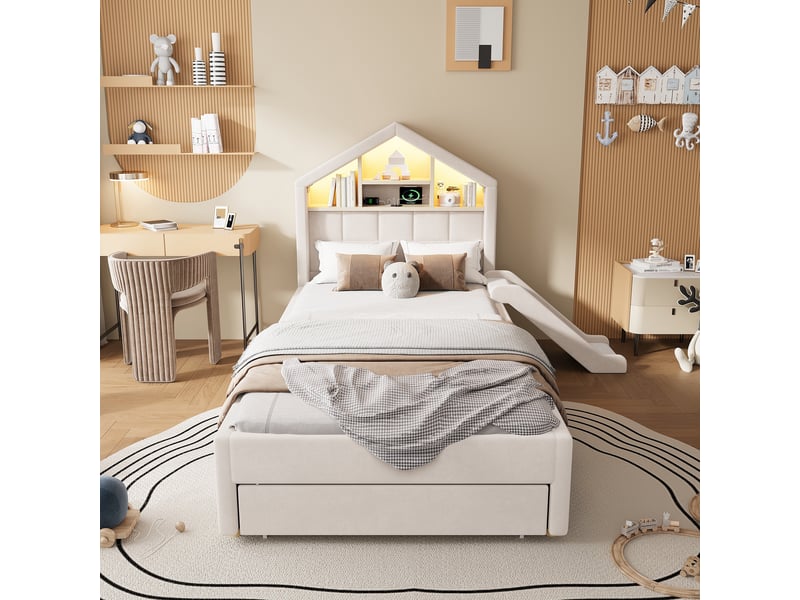  Lit cabane 90x200cm - lit enfant rembourré avec toboggan réversible, led, prises usb, étagère et tiroir de lit - beige  - Conforama D