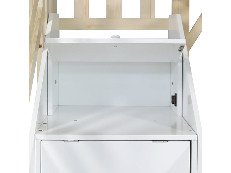  Lit mezzanine cabane avec escalier de rangement - 90x200cm - 3 casiers dans l'escalier et tableau à craie - avec sommier à lattes - blanc et naturel  - Conforama E