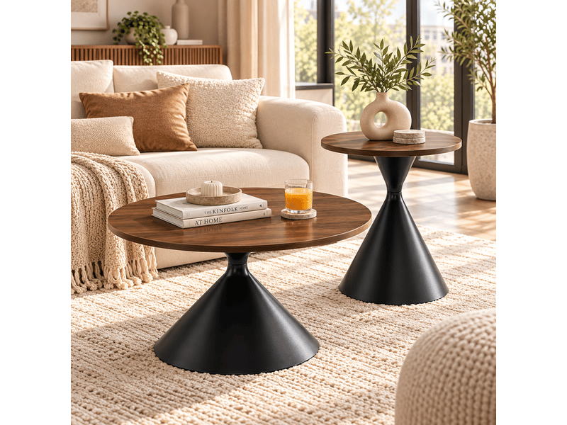 Tables basses gigognes empilables en mélaminé et métal pour salon ø70 cm et ø50 cm noyer noir - Conforama C