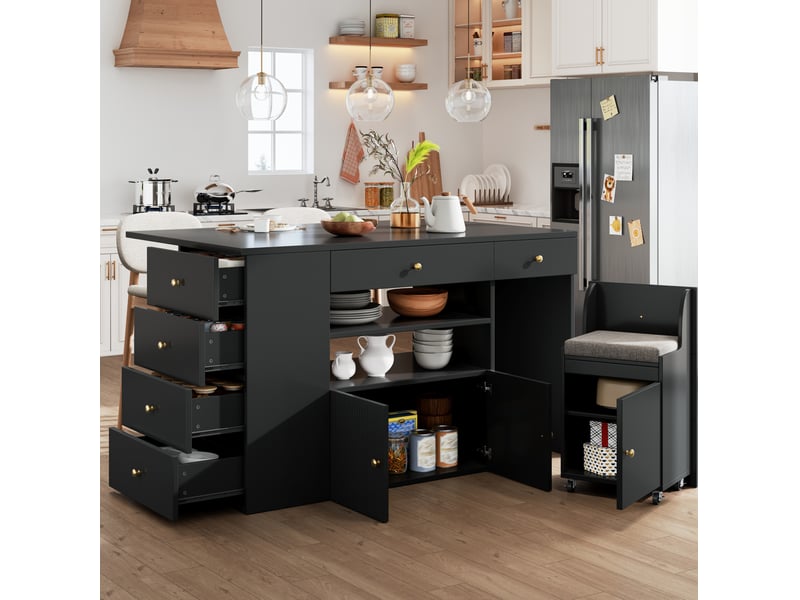 Îlot de cuisine noir avec 6 tiroirs et tabouret mobile, 140x40x89 cm - Conforama C