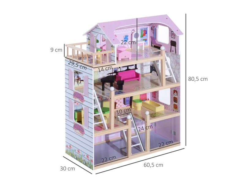  Maison de poupée en bois jeu d'imitation 4 étages pour 3+ ans avec 13 accessoires grand réalisme multi-équipement blanc et rose 60l x 30l x 80h cm  - Conforama C
