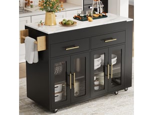 Îlot de cuisine noir avec desserte de cuisine à roulettes, table de bar extensible et portes en verre, 132,5-217x50x93 cm