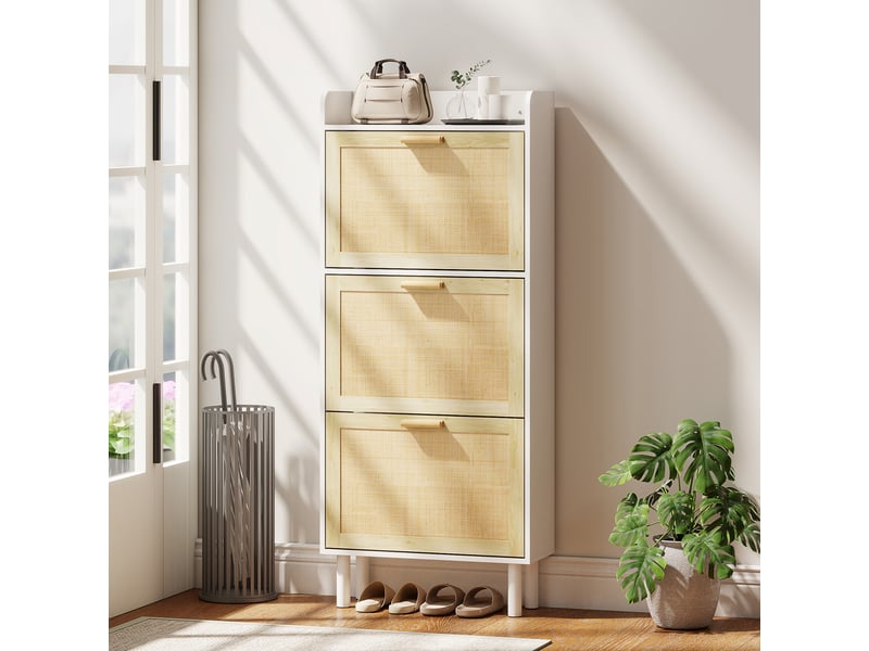  Meuble à chaussures 3 portes abattants étagère effet résine tressée design bohème 65 x 24,5 x 153 cm blanc  - Conforama C