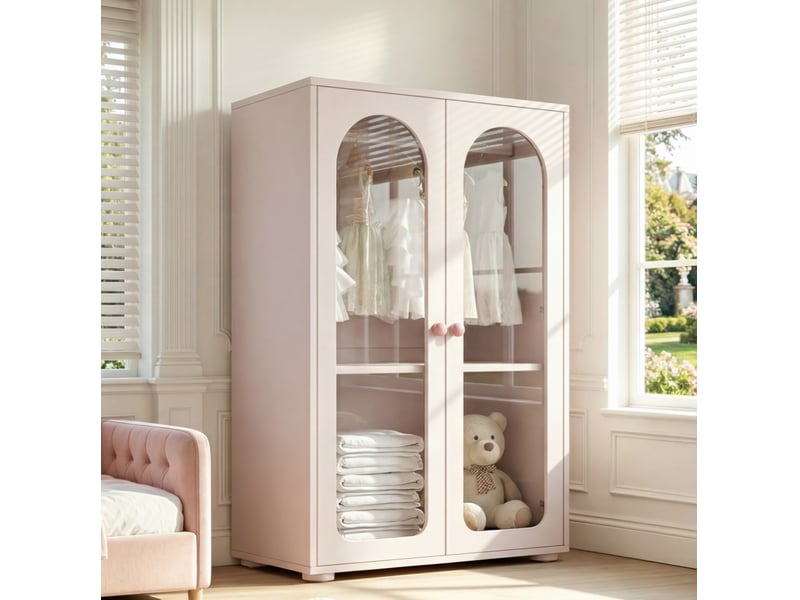  Armoire avec 2 portes transparentes, penderie et étagères réglables pour chambre en mdf rose 80 × 50 × 120 cm  - Conforama E