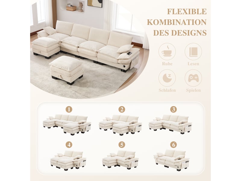 Canapé d'angle panoramique fixe 4 places tissu beige - Conforama E