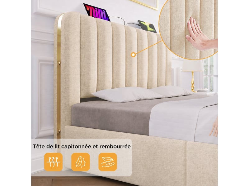  Lit coffre 90 x 200 cm en lin beige, matelas inclus, ports usb et usb-c  - Conforama E