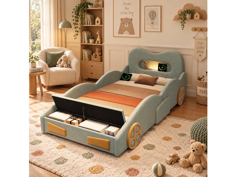  Lit enfant 90x200 avec coffre et liseuse, forme voiture en velours vert evryae  - Conforama C
