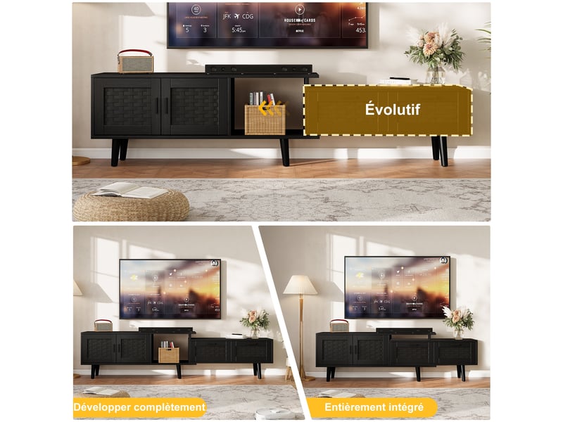 Meuble tv extensible - facade en rotinbois 115-169x30x44cm - grand rangement - style bohème &amp; naturel - noir  - Conforama C