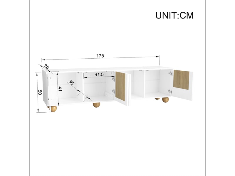  Meuble tv 4 portes, structure basse, design vintage veinage bois, naturel et blanc, 175 x 38 x 50 cm  - Conforama C