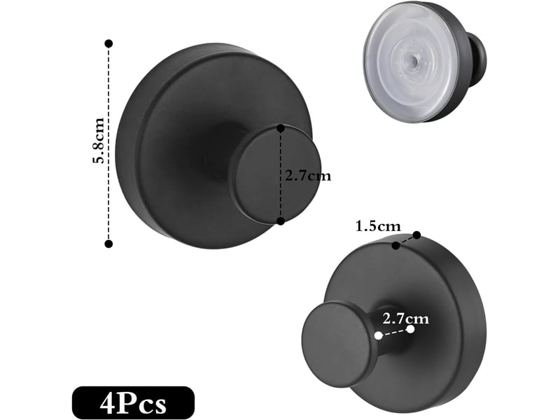  Lot de 4 crochets muraux à ventouse puissants, fixation sans perçage étanche et réutilisable, support de rangement pour cuisine et salle de bain, noir  - Conforama B