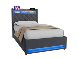 Lit 90x200 cm capitonné avec led, usb et rangement gris